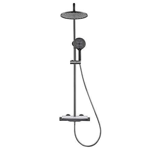 10インチのシャワーヘッド付きレインシャワーシステム、サーモスタットシャワー蛇口セット、壁掛けシャワーコンボセット、真鍮レインミキサーシャワー、滝浴槽スパウト付き、3モード,Gray