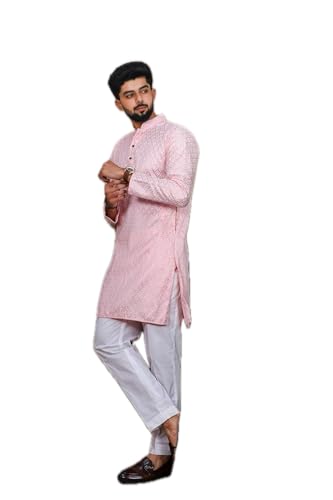 Image of LookMark Men's Printed Silk Blend Kurta with Mandarin Collar, Full Sleeves, Straight Fit Traditional Ethnic Wear