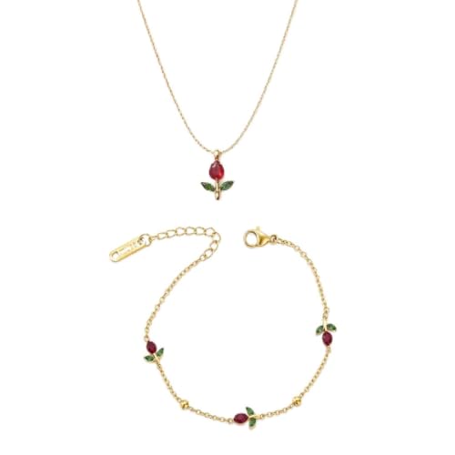 Image of Tulip Necklace & Bracelet Set for Women & Girls, 18K Gold-Plated Stainless Steel Floral Jewelry Set, Matching Tulip Pendant Necklace and Adjustable Bracelet, Waterproof Anti-Tarnish Hypoallergenic, Gift for Her
