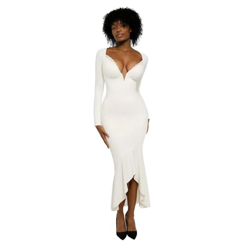 Image of Popilush Long Sleeve Cocktail Dress for Women Shapewear Tummy Control Party Dresses Deep V Neck Lace Mermaid Maxi Dress