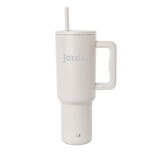 Image of Simple Modern Personalized Tumbler with Handle and Straw | 40oz | Beige | Trek Tumbler, Travel Mug | Insulated Water Bottle, Cupholder Friendly, Stainless Steel Cup | Custom, Almond Birch