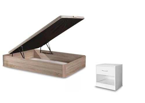 S & S Saldos y Stocks Pack Cama Canape Abatible Cambria 90x190 cm + Mesita de Noche 1 Cajon Blanco
