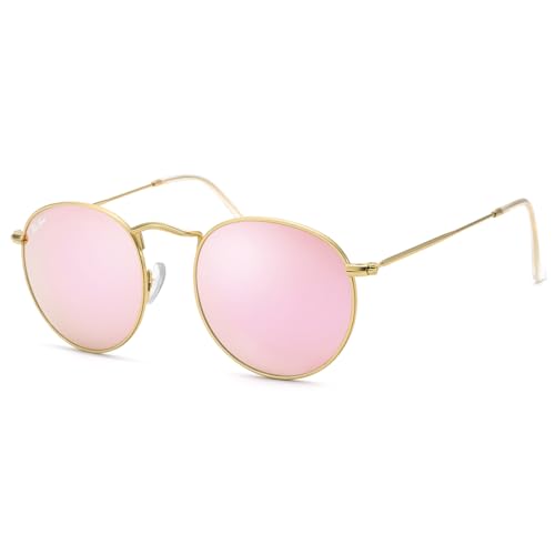 Pro Acme Small Round Sunglasses for Women Men Classic Crystal Glass Lens Retro Circle Metal SunGlasses,50mm (Crystal Pink Mirrored Lens)