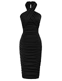 Women's Sexy Halter Criss Cross Ruched Bodycon Strethy Party Club Dress Black M