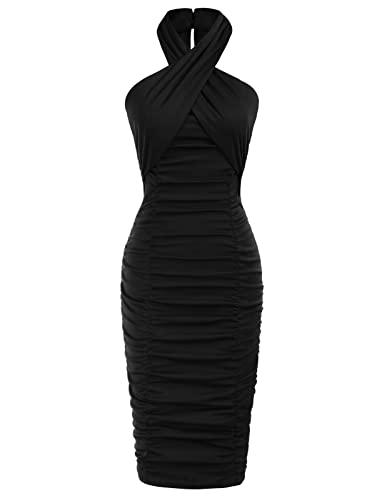 Womens Sexy Dress Ruched Bodycon Halter Crisscross Club Party Dresses Black L