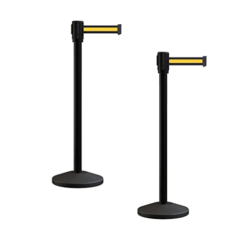 Montour Line M530 Set of 2 Retractable Belt Barrier Stanchion, Sloped Base, Black Powder Coated Post (11 ft Black with Yellow Horizontal Stripe Belt)