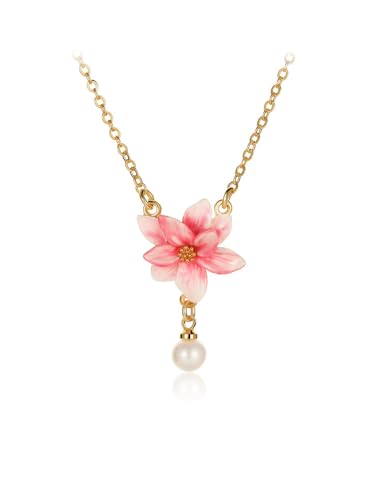 Magnolia Pink Flower And Pearl Enamel Pendant Necklace Handmade Jewelry Gift Juicy Grape