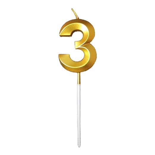 Image of ToyUniverse Number 3 Metallic 3D Gold Candle for Third Birthday, Anniversary, Surprise Party Cake Decoration (Pack of 1)