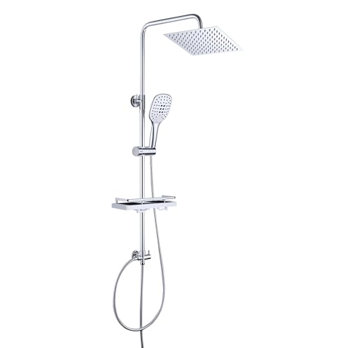 JOHO 304 Columna Ducha en Acero INOX sin Grifo Ducha Para Baños Columna de Hidromasaje Barra Ducha Altura Adjustable Conjunto ducha con Estante Ducha Cabezal Ducha Lluvia Grande 20x20cm