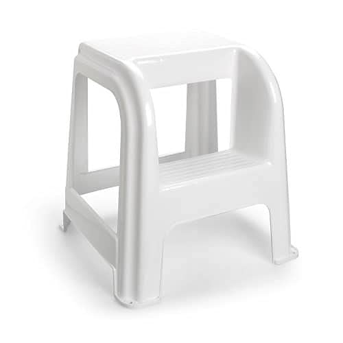 CABLEPELADO Taburete de Plástico, Taburete Ligero, Taburete apilable, Banqueta Multiusos, Taburete Multiusos, Taburete con escalón, Soporta hasta 150Kg, 45.5 cm Altura x 44 cm Ancho, Blanco