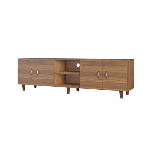 Image of VIKI Modern TV Unit for Living Room | Engineered Wood TV Cabinet with 4 Door Storage & Open Shelf, Set Top Box Stand, Entertainment Unit, 160W x 48H x 40D cm | DIY | 1 Year Warranty (Walnut)