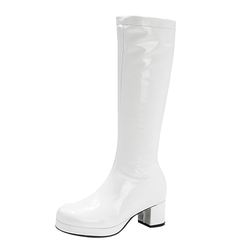 Bottes en cuir verni pour femme au genou, bottes à talons épais élégantes, couleur rouge brillant audacieuse, talon bloc confortable, bottes en pvc imperméables à...