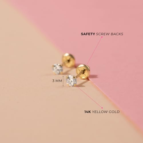 14k Yellow Gold Tiny 3mm Cubic Zirconia Prong Set Solitaire Screw Back Earrings for Little Girls - Tiny & Elegant Earrings with Safety Screw Backs for Babies, Toddlers, & Children - Dainty CZ Studs4