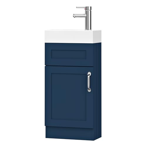 BELOFAY 400mm Floor Standing Bathroom Vanity Unit With Basin - Slim Waterproof Laquered Cloakroom Vanity Unit with 1 Tap Hole Ceramic Basin & Waste | Reversible Tap Fitting (Crawley Blue)
