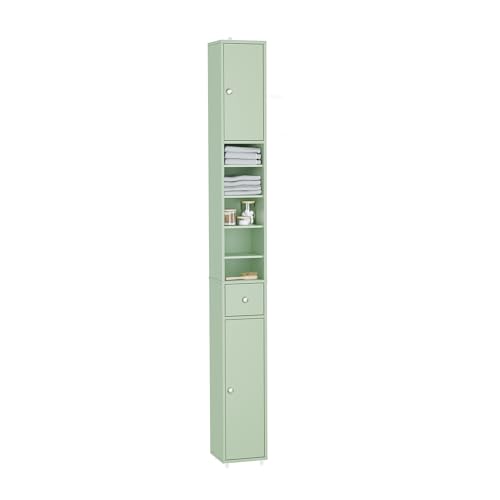 SoBuy Mueble Columna de Baño Estrecho – Armario Auxiliar de Baño en MDF Resistente al Agua con Estantes Ajustables y Cajón, Verde Claro, 20x180x20cm, BZR34-II-GR