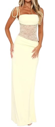 Lingt Chic Women's Lace Splicing Cutout Maxi Dress Square Neck Sleeveless Bodycon Long Dress with Sheer Corset Lemon