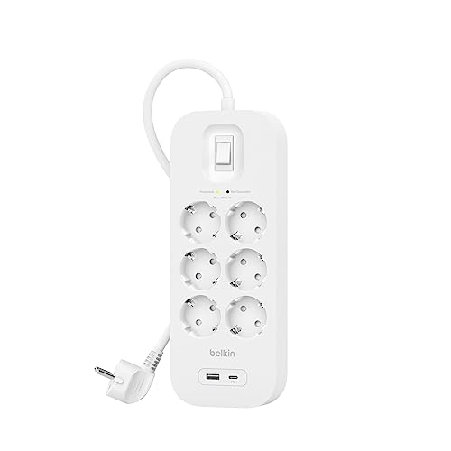 Belkin Multiprise USB avec Protection Contre Les surtensions à 6 Prises CA, Montage Mural, câble de 2 m, indicateur LED d'état, 1 Port USB-A et 1 Port USB-C...