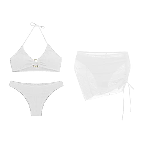 Maillot de bain 3 pièces avec bikini dos nu blanc et jupe amovible taille S