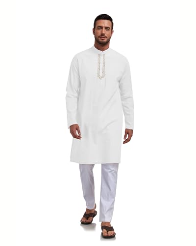 Jacansi Mens Robe Kaftan Button Down Kurta Thobe White XL