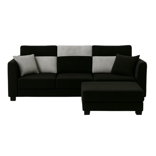 Image of SOCOZI Trevano 4 Seater L Shape Sofa Set with Movable Ottoman | Flexible Left or Right Layout | Soft Velvet Suede Fabric | Modern Design | Plush Comfort Cushions for Living Room (Light Grey-Black)
