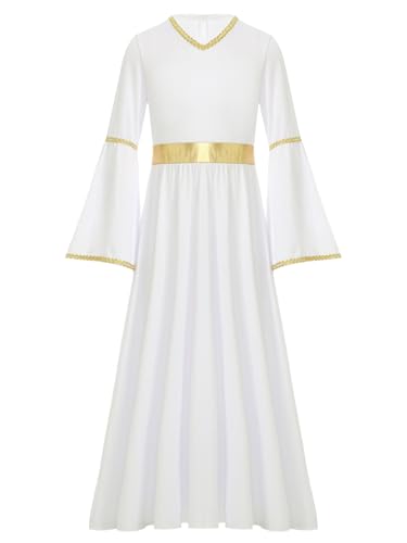 Moily Girls Halloween Angel Dress Long Sleeve Gold Trim Princess Goddesses Toga Gown Party Praise Dance Dress3