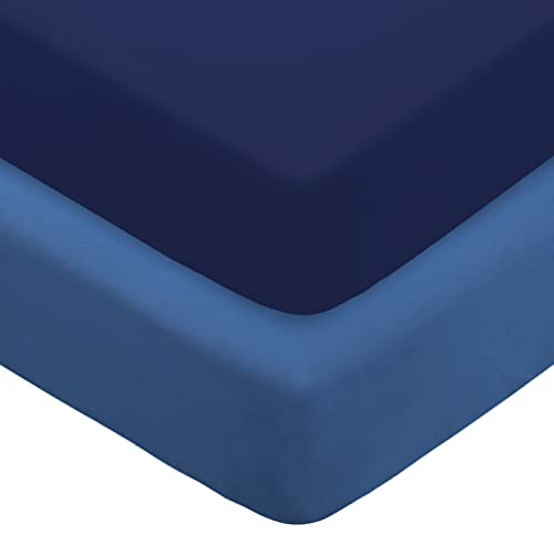 Image of POSENPRO 2 Pack Microfiber Fitted Crib Sheets for Baby Boys Girls, Cozy & Soft Solid Color Toddler Bed Sheets for Standard Crib and Toddler Mattresses, 28"x52"x8", Navy Blue & Stone Blue