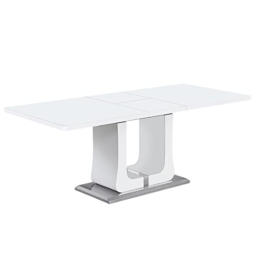 Knocbel Contemporary Extendable Dining Table With Tempered Glass Top, Kitchen Dining Room Rectangular Table With U-Shaped Base, High Gloss Finish, Standard Height (White With Chrome) #TOP2