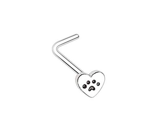 Amelia Fashion 20 Gauge Heart Paw Print L-Shape Nose Ring All 316L Surgical Steel (Steel Heart)