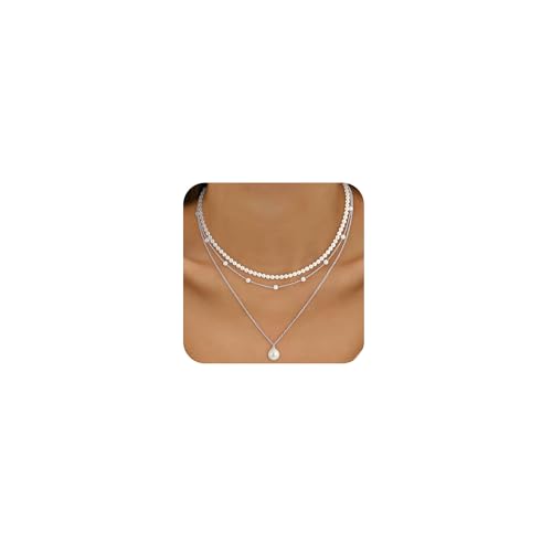 Fezodo Pearl Necklaces for Women Trendy, Dainty Silver Pearl Necklace Simple Layered Pearls Choker Necklace Stack Cute Pearls Wedding Bridal Jewelry Silver Layered Necklaces for Women Jewelry Gifts