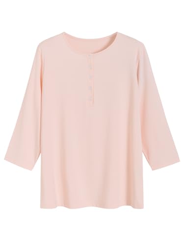 AvaLolita Women's Bamboo Viscose Pajama Top 3/4 Sleeve Henley Sleep Tee M Pink