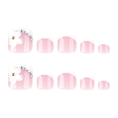 Image of White Press on Toenails French Tip Fake Toe Nails Flower Glue on Toenails with Rhinestone Design Glossy Full Cover False Toes Short Square Stick on Toes for Women Manicure 24Pcs