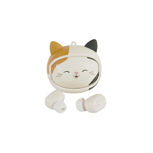 Squishmallows Cam The Cat Écouteurs sans Fil avec étui de Chargement changeant de Visage Bouton Lecture/Pause, Microphone intégré pour Les appels. Portée Bluetooth de 10 mètres, contrôle du Volume.
