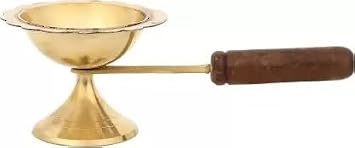 Pure Brass Home Purifying Incense Burner Lobandan, Brass Dhuna dhuni Brass, Wood Table Diya Length 9inch | Height 3 inch