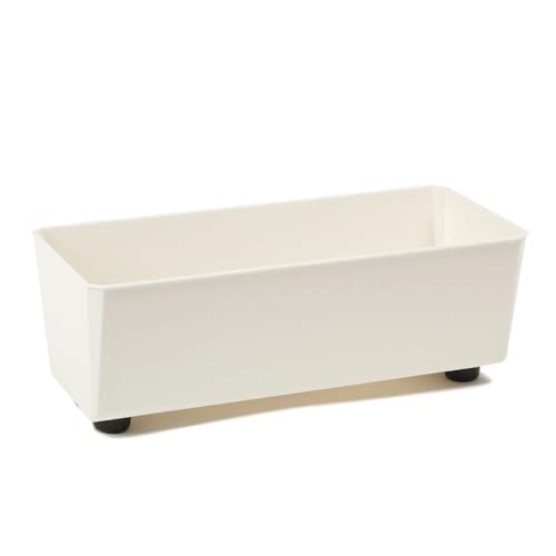 LAMELA Rechteckiger Pflanzkasten mit eleganten Füßen – Cremefarbener Blumenkübel aus robustem Kunststoff 37x17 cm, 6L – Wetterfest & Pflegeleicht - für Innen & Außen, Cremig