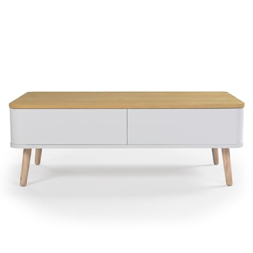 Menzzo Table Basse scandinave Bergen - Blanc & Bois Clair - Plateau spacieux et rangements tiroirs - Design Nordique Moderne
