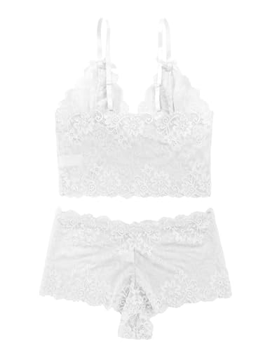 Image of Lilosy Sexy Lingerie for Women Lace Pajamas Set Cami Bra and Panty High Waist Sheer Sleepwear 2 Piece 2XS-6XL