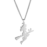 Halskette mit liegender Hexe (geschichtet) für Damen, Edelstahl, schicker Hexenbesen, fliegender Anhänger (doppellagig), Halskette, Halloween-Schmuck, Geschenke für Mädchen, Edelstahl, kein Edelstein,
