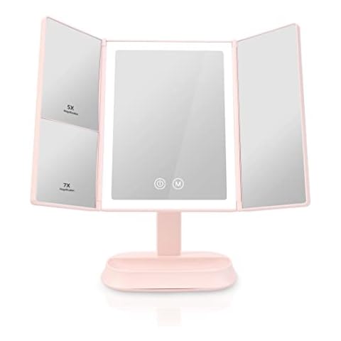 Heilmetz LED Makeup Mirror with Storage Tri-Fold Vanity Mirror with Touch Switch 1x/5x/7x Magnification Dressing Table Mirrors 90°Rotation, Pink Cover