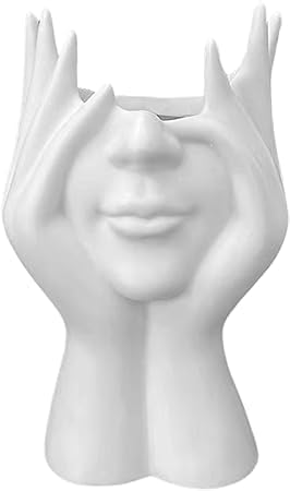 Abstract Face Makeup Brush Holder, White Ceramic Head Vase Organizer with Hands, Aesthetic Vanity Decor Storage Cup for Makeup Brushes, Pens, Pencils (White)-image-12