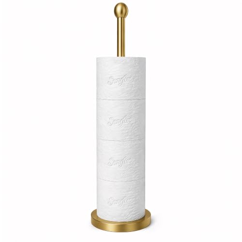 Songtec Gold Toilet Paper Holder Stand with Reserve, Floor Standing Tisse Roll Holder for 4 Rolls, Compact Design Bathroom Toilet Paper Storage - Gold