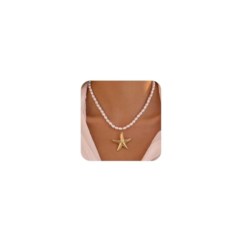 Starfish Necklace for Women Gold Sea Shell Pendant Pearl Choker Necklaces Trendy Summer Beach Jewelry for Women Gift