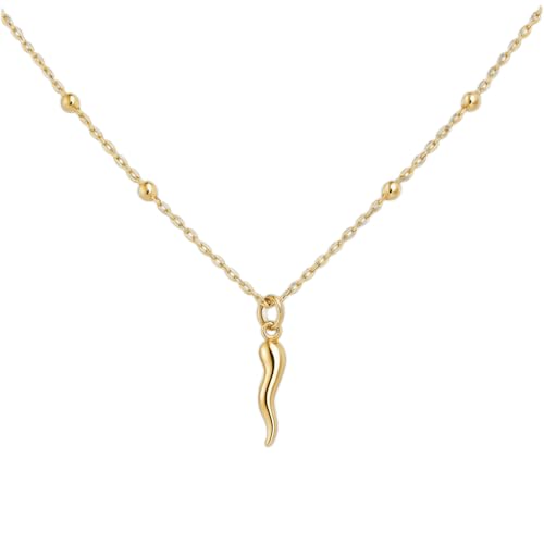Dainty Italian Horn Necklace – 14K Gold Plated 925 Sterling Silver Cornicello Pendant – Gold Laminated Rosary Chain – 16”+2” – Made in Italy – Good Luck Talisman Jewelry for Women