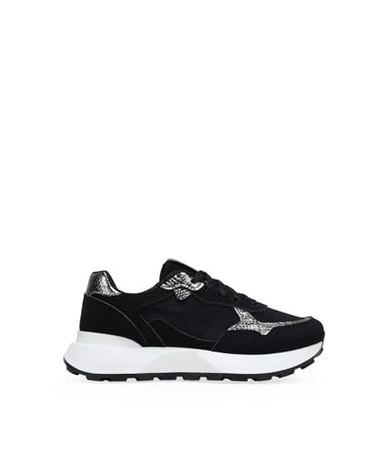 BOSANOVA Zapatillas Deportivas para Mujer con Diferentes Cortes con Detalles Animal Print y Suela de Plataforma Dentada de 4 cm. Cierre con Cordones. Calzado para Mujer Negro 38