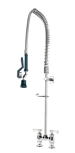 FSE 373-KR-17-204WL Royal Series Pre-Rinse Assembly, Raised Deck Mount 4" Centers, Spring Gooseneck, 38" H with 15" Overhang, 1.15 GPM Spray Head, Check Valves, Stainless Steel Hose, Chrome Base