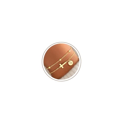 Image of Turandoss Gold Initial Bracelets for Women - 14K Gold Plated Layered Dainty Cross Initial Bracelet Letter G Charm Bead Bracelet for Womens Personalized Gifts for Women Mum Wife
