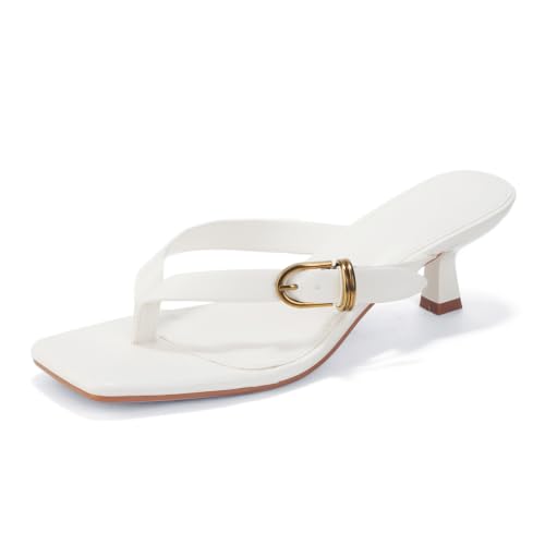 YULVSHOE White Kitten Heels Square Open Toe Flip Flop 2 Inch Thong Heels Heeled Sandals for Women