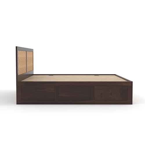 Image of Sheesham Wood Cane Bed with Box Storage for Bedroom | Queen Size Wooden Double Bed Palang with Rattan Headboard & Footboard (Walnut Finish)