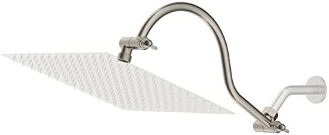 All Metal 16 Inch Solid Brass Adjustable Curved Shower Head Extension Arm Flexible Height & Angle Shower Arm with Lock Joints, Universal Connection Stainless Steel Pipe Height Extending,Brushed Nickel