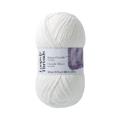 Skinny Chenille Yarn by Loops & Threads - Yarn for Knitting, Crochet, Weaving, and Arts & Crafts - White, Polyester, 8.75 oz