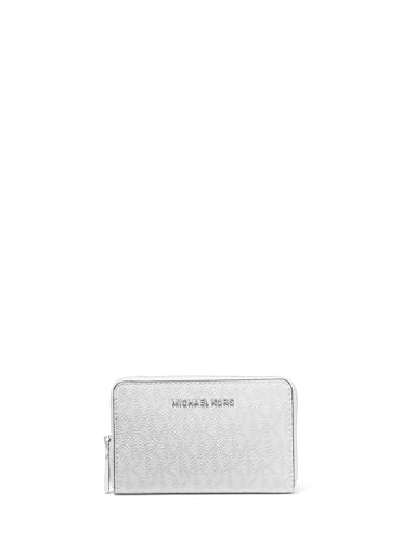 Image of Michael Kors Jet Set Small Zip Around Card Case, Silver-Tone Hardware /Signature Coated Twill /Optic White /Allum